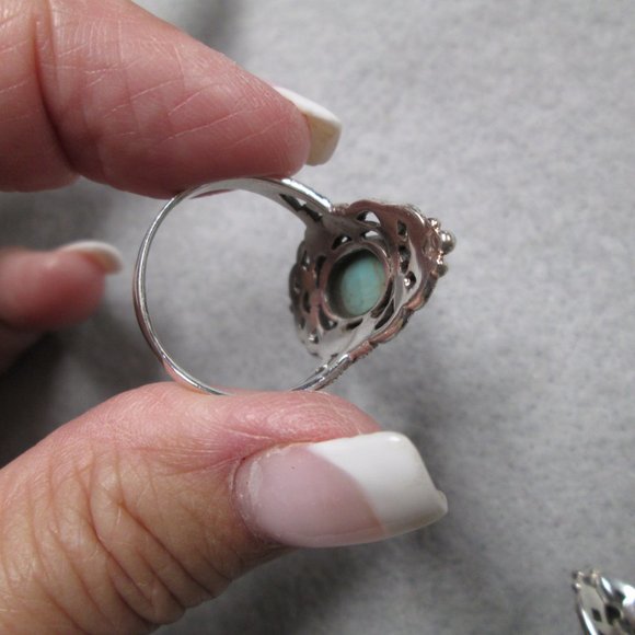 Stunning 925 Sterling Silver TURQUOISE & MARCASITE Filigree Ring>Long & Elegant - Picture 3 of 6
